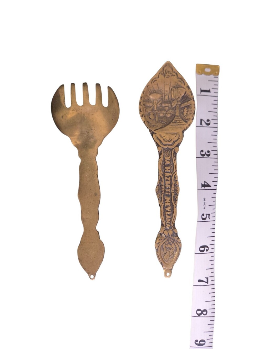 ​Vintage Brass Salad Serving Set Fork & Spoon Etched Middle Eastern Decor